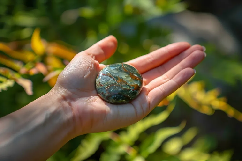Dragon blood jasper worry stone held in open palm in natural sunlight showing green and red coloring